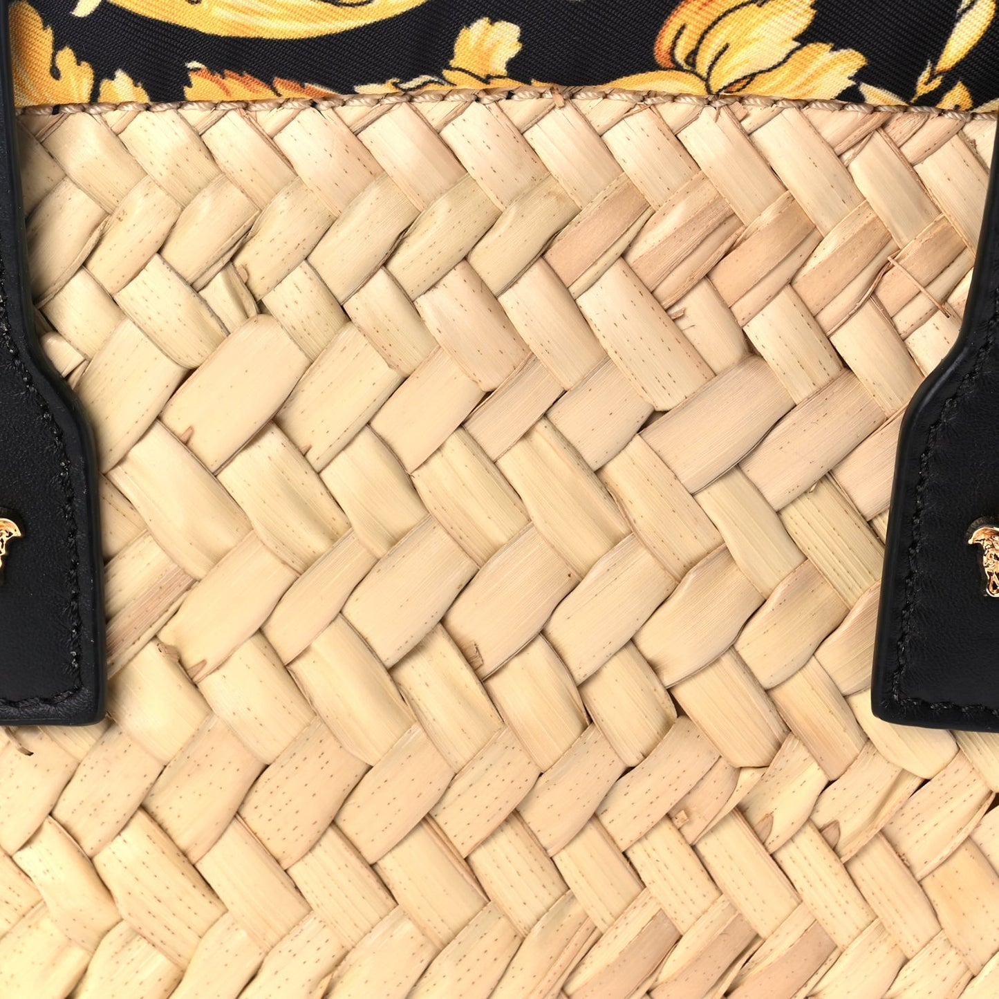 Straw Calfskin Barocco Beach Bag Natural Black Gold