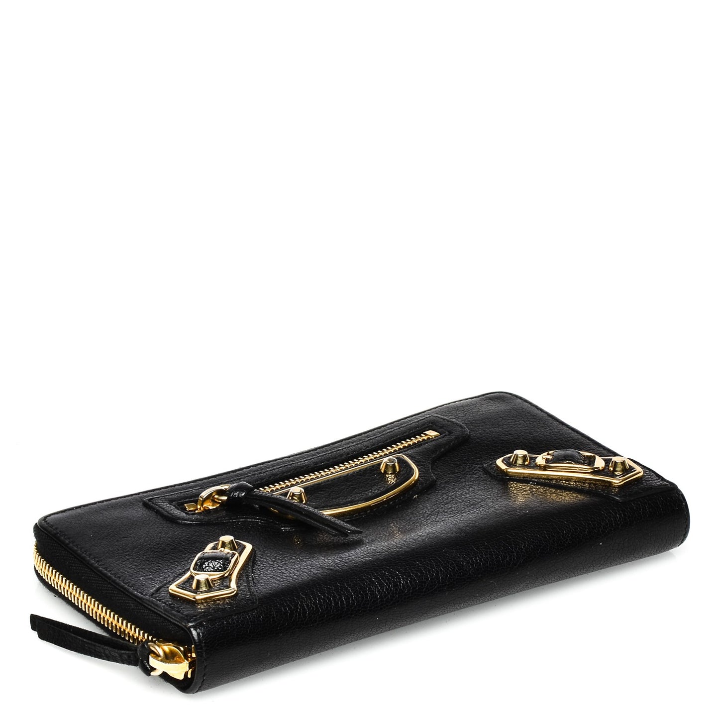 Chevre Gold Metallic Edge Hardware Zip Around Wallet Black