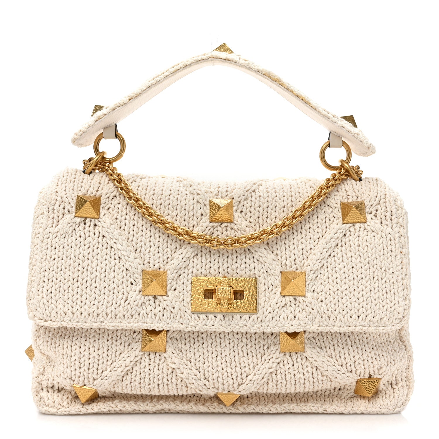 Valentino Garavani Knit Large Roman Stud Shoulder Bag Ecru 1 of 8