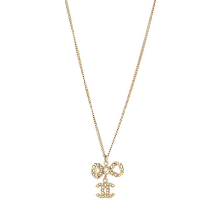Chanel Metal Crystal CC Bow Drop Necklace Gold 1 of 5