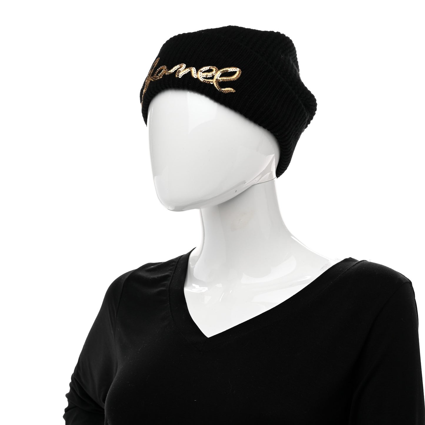 Cashmere Sequin Logo Beanie Hat Black Gold