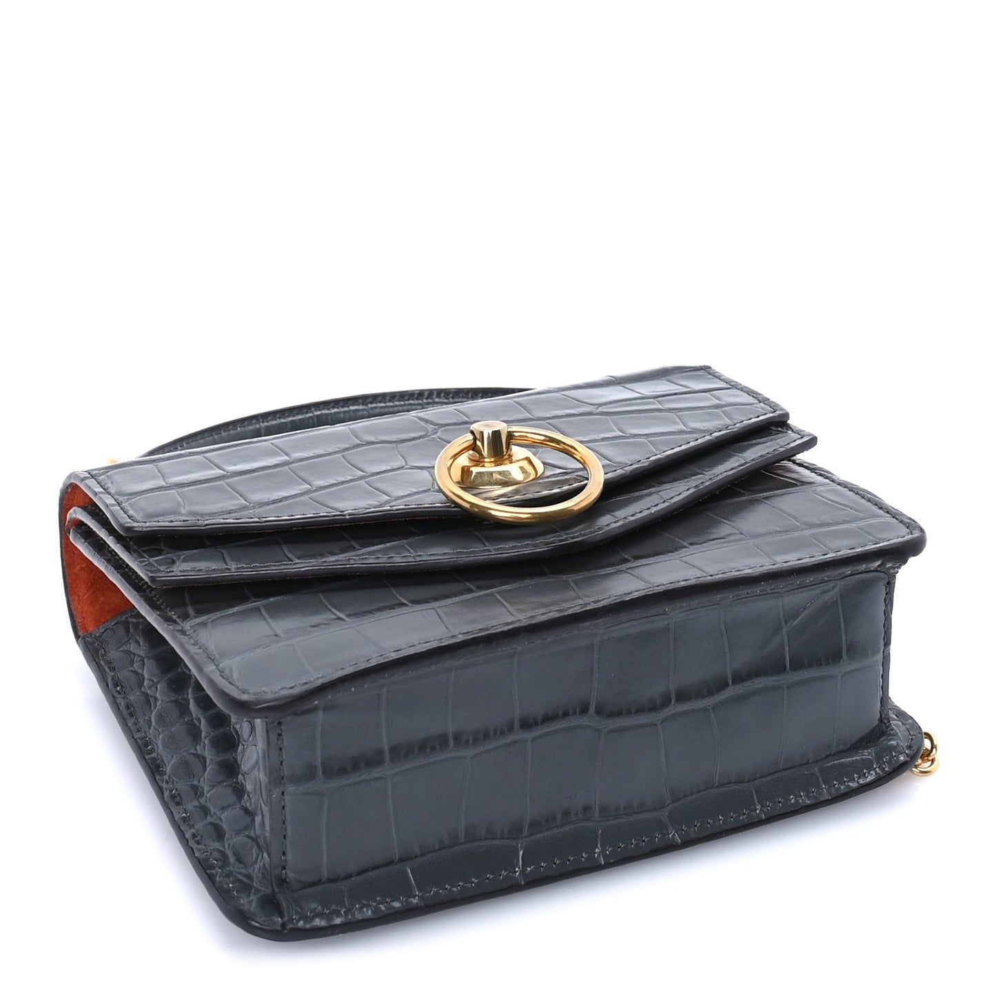 Calfskin Crocodile Embossed Small Harlow Satchel Dark Grey