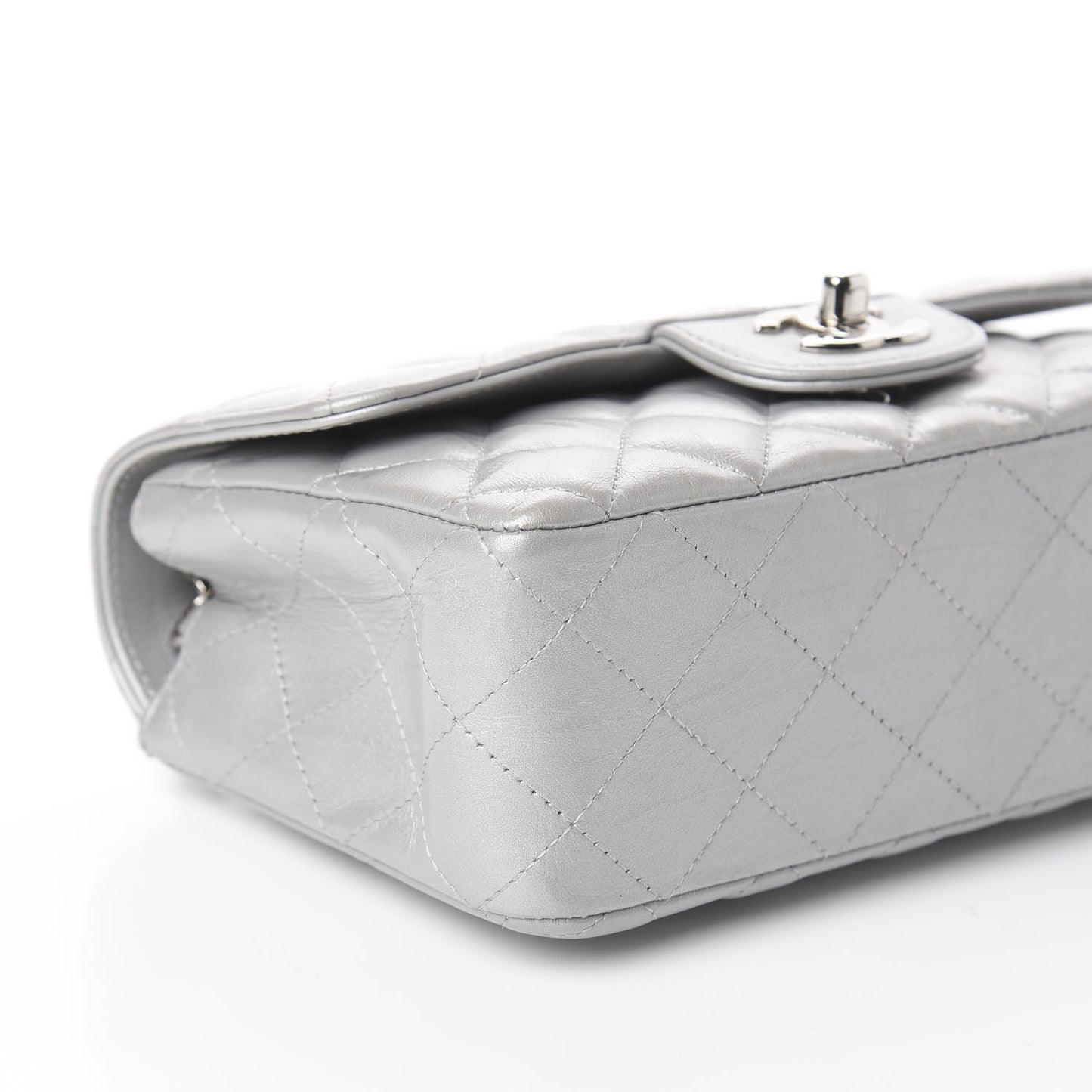 Metallic Lambskin Quilted Mini Rectangular Flap Silver