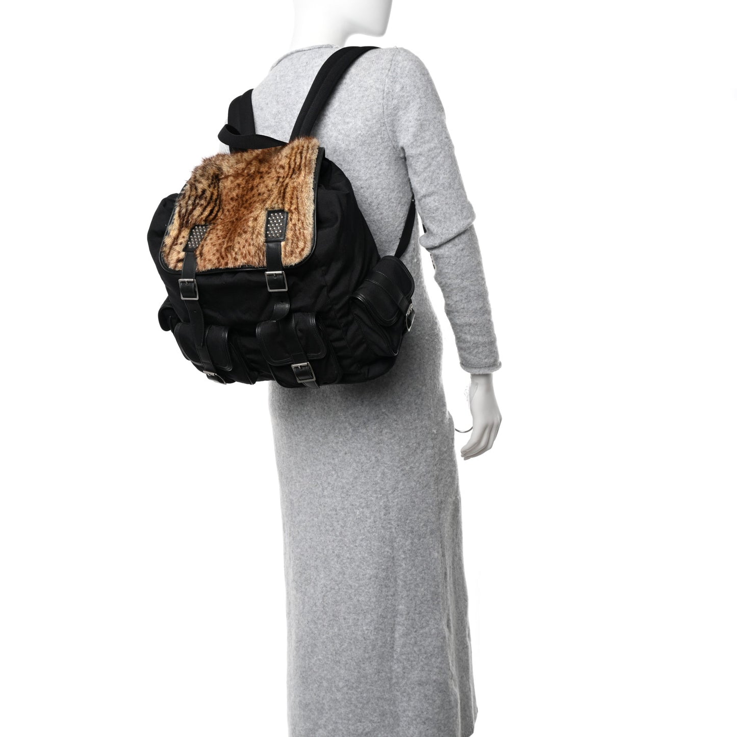 Canvas Shearling Tiger Print Backpack Black