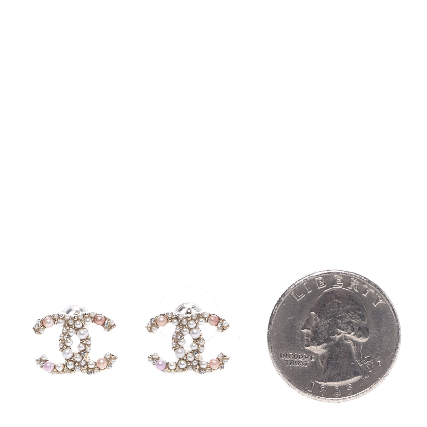 Chanel Pearl Crystal CC Charms Stud Earrings Light Gold Pink 2 of 5