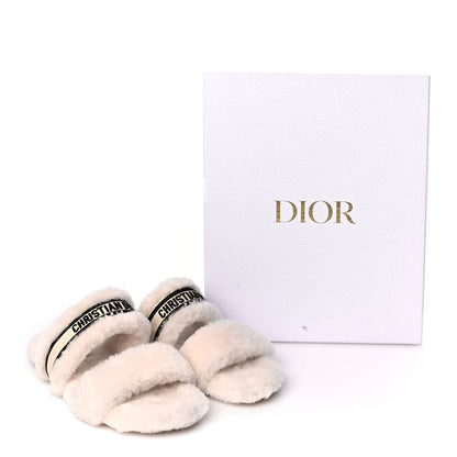 Christian Dior Shearling Canvas Embroidered Chez Moi Strap Slide Sandal 37 Off White Black 9 of 9