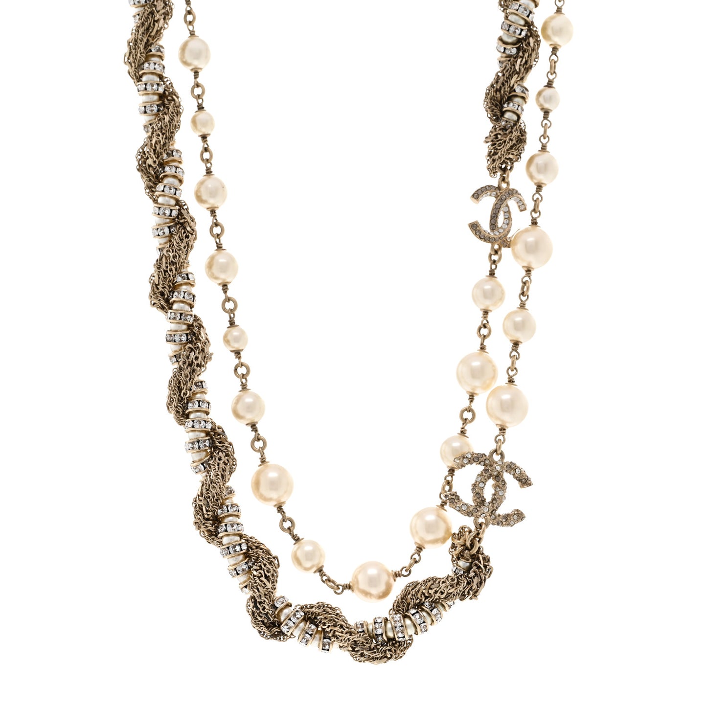 Pearl Crystal CC Braided Chain Long Necklace Light Gold