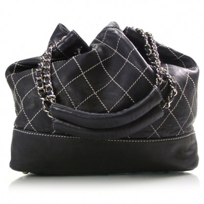 Chanel Leather Contrast Stitch Drawstring Tote Navy 1 of 11