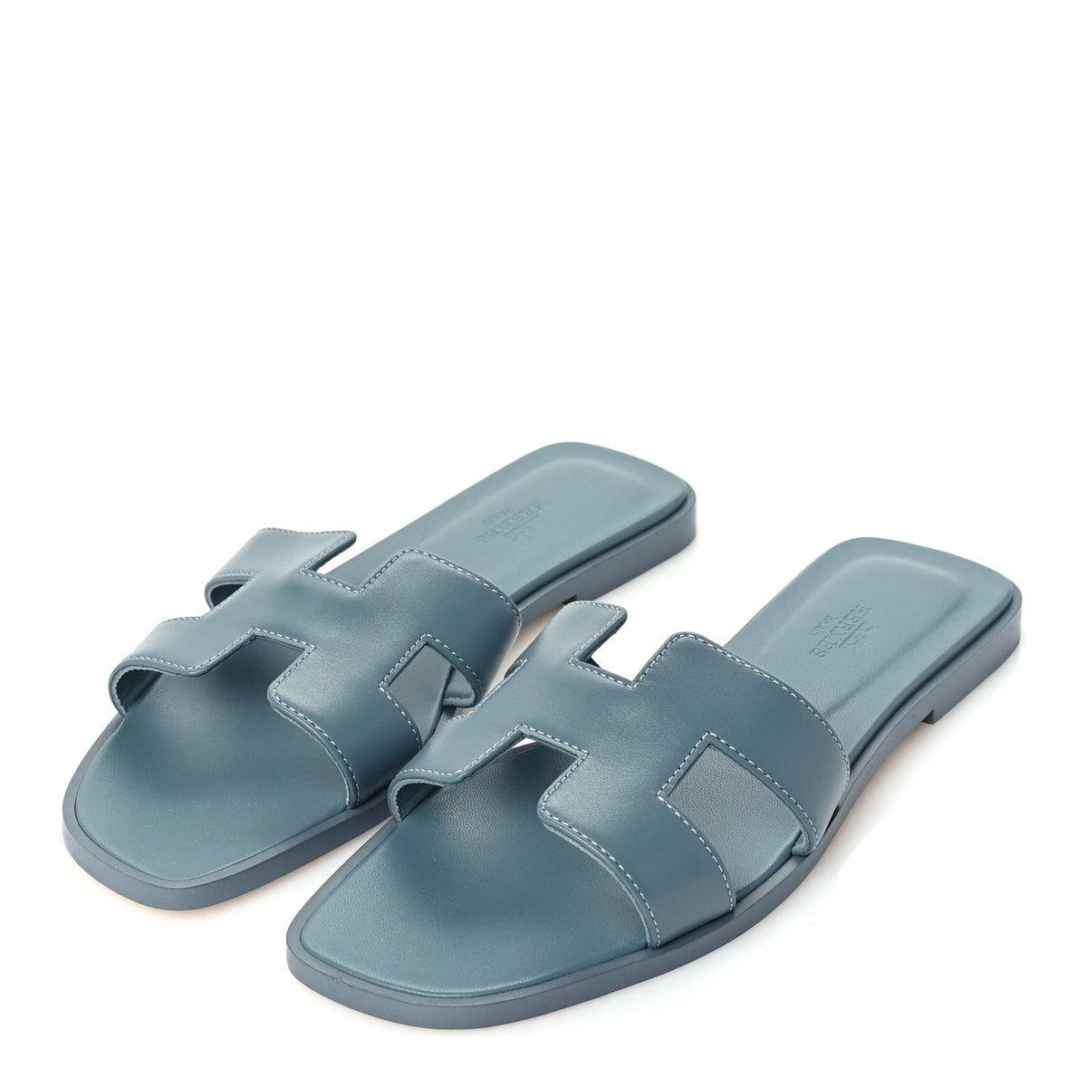 Hermes Calfskin Oran Sandals 37.5 Bleu Emeraude 2 of 7