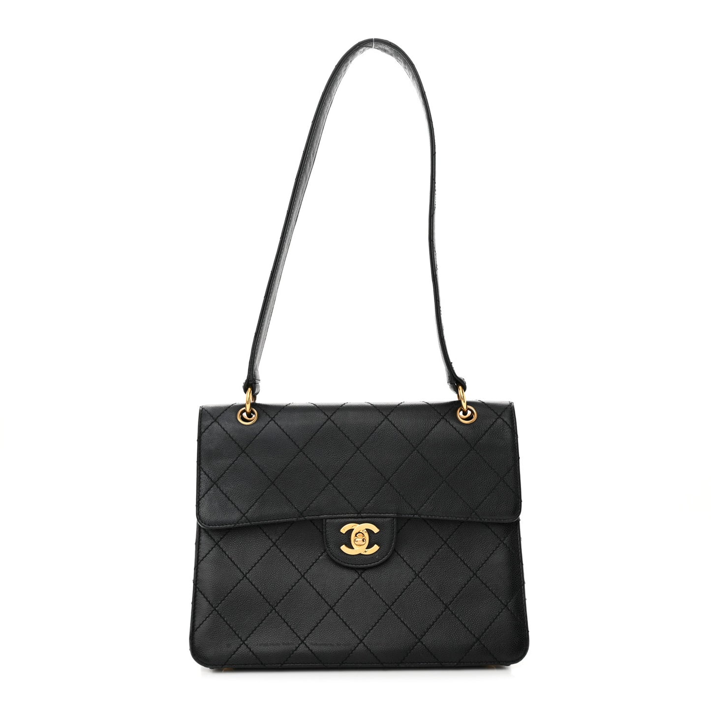 Caviar Diamond Stitched Flap Shoulder Bag Black