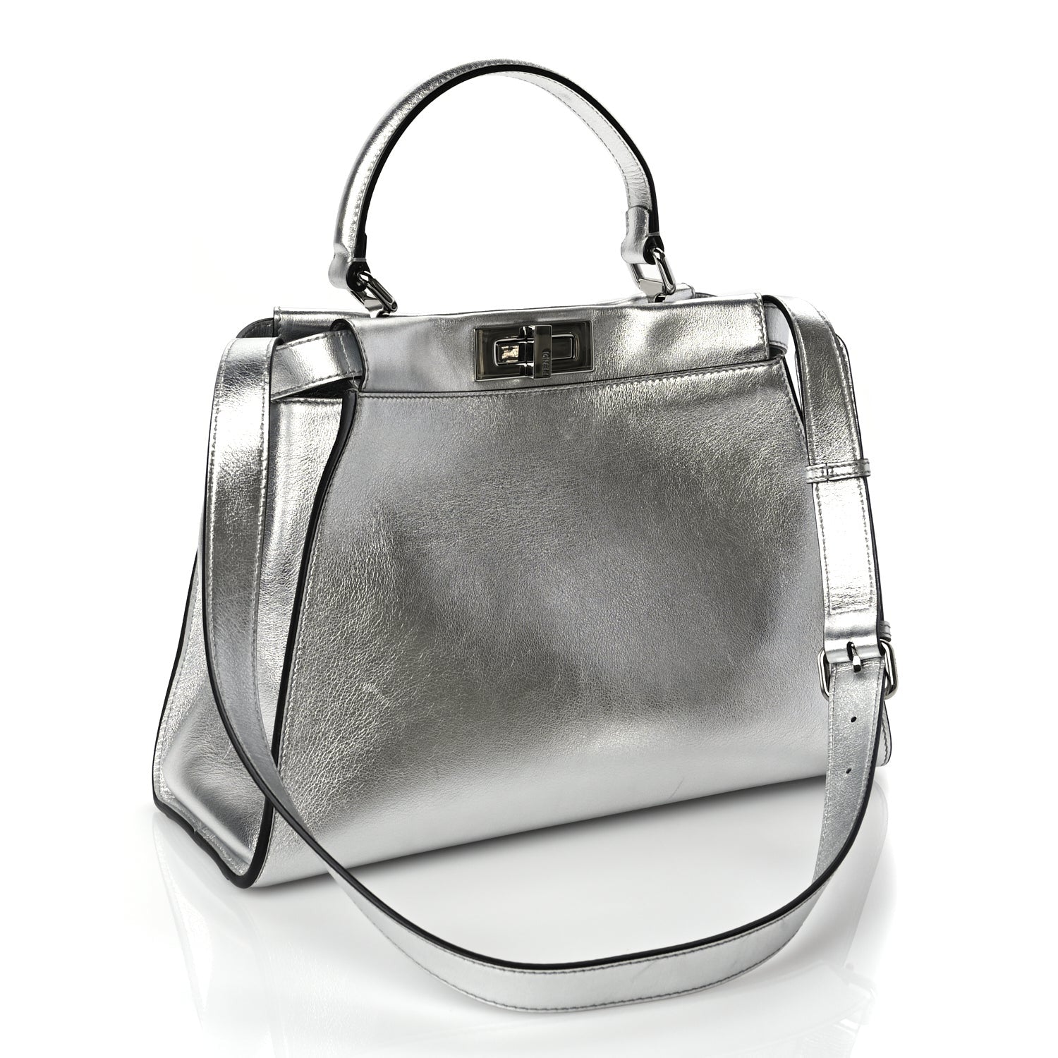 Fendi Vitello Catalan Mirror Medium Peekaboo Iconic Satchel Argento 2 of 8