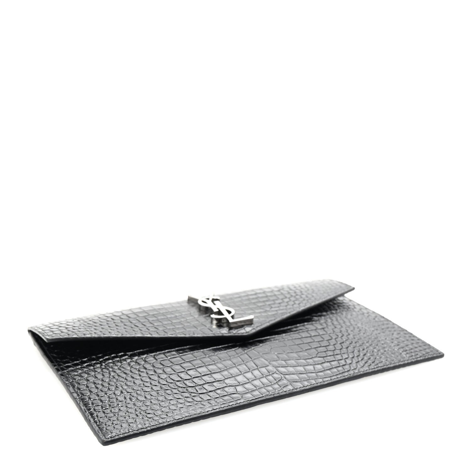 Saint Laurent Calfskin Crocodile Embossed Uptown Monogram Clutch Black 4 of 7