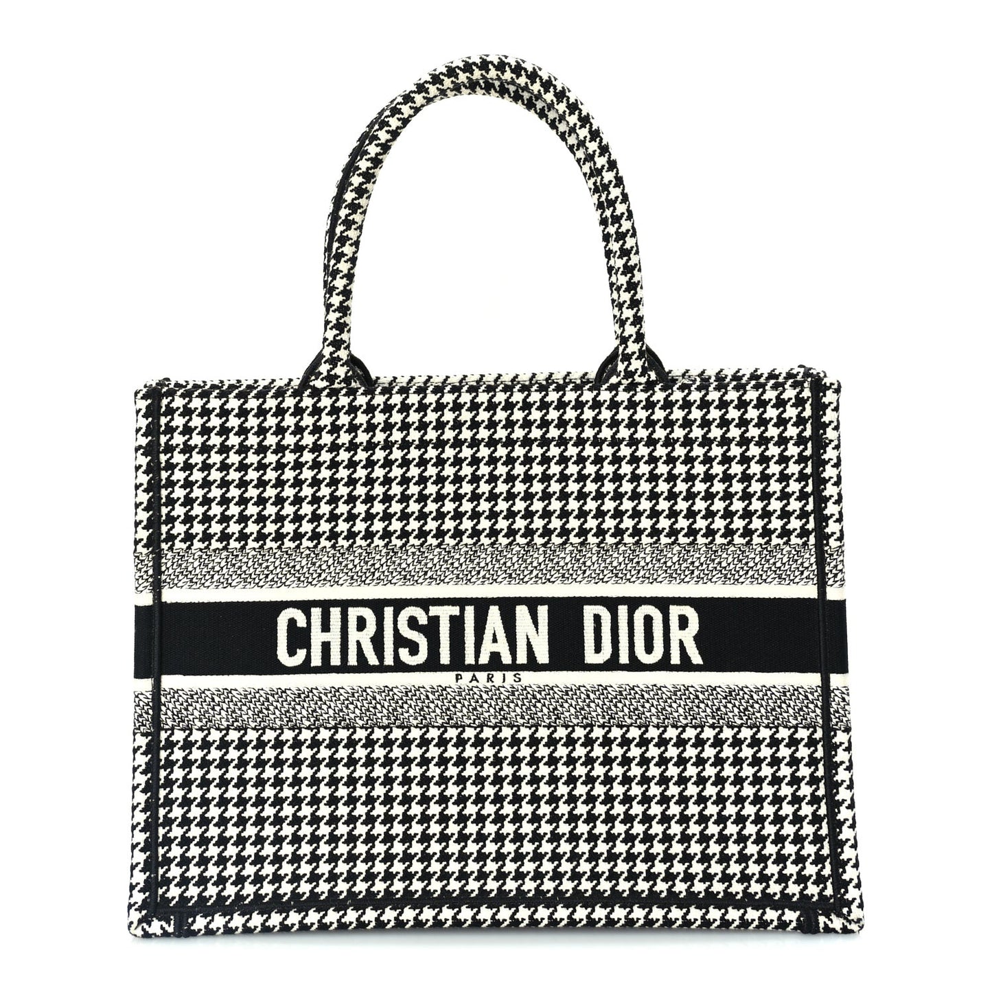 Canvas Houndstooth Embroidered Medium Book Tote  Black White
