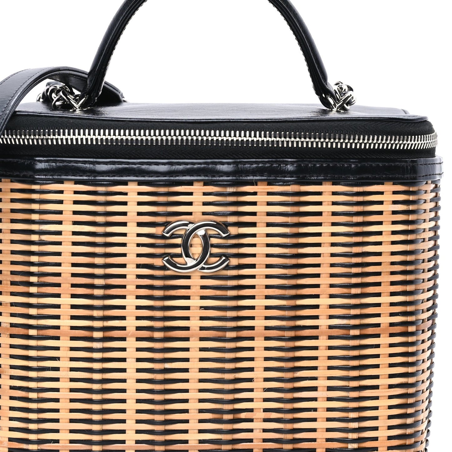 Glazed Calfskin Raffia Vanity Case Bag  Black Beige