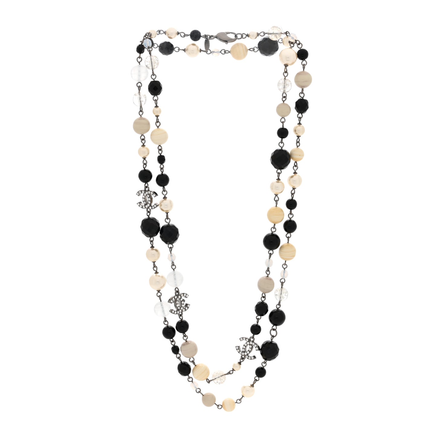Pearl Crystal Bead CC Long Necklace Black Silver