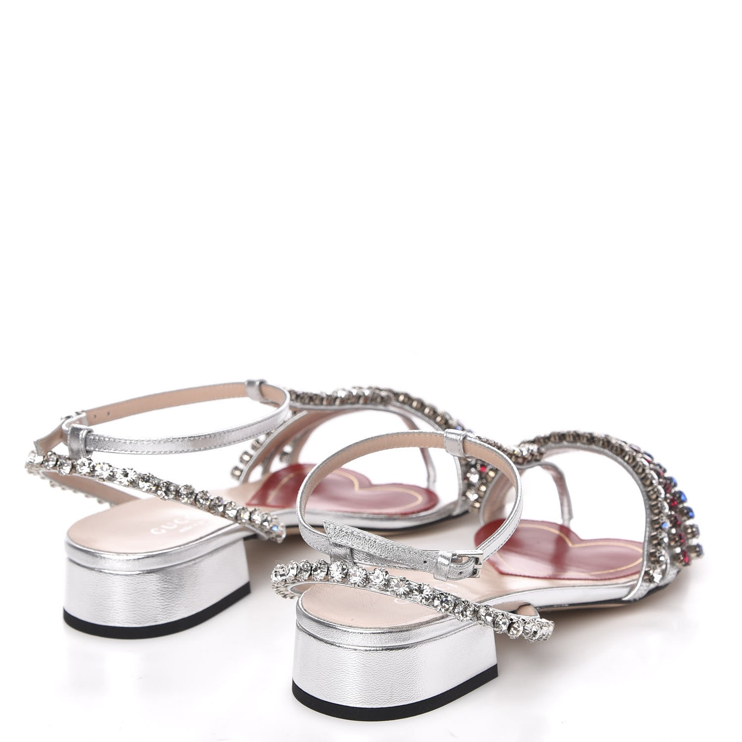 Gucci Nappa Silk Crystal Bertie T-Strap Low Heel Sandals 35.5 Argento 4 of 8
