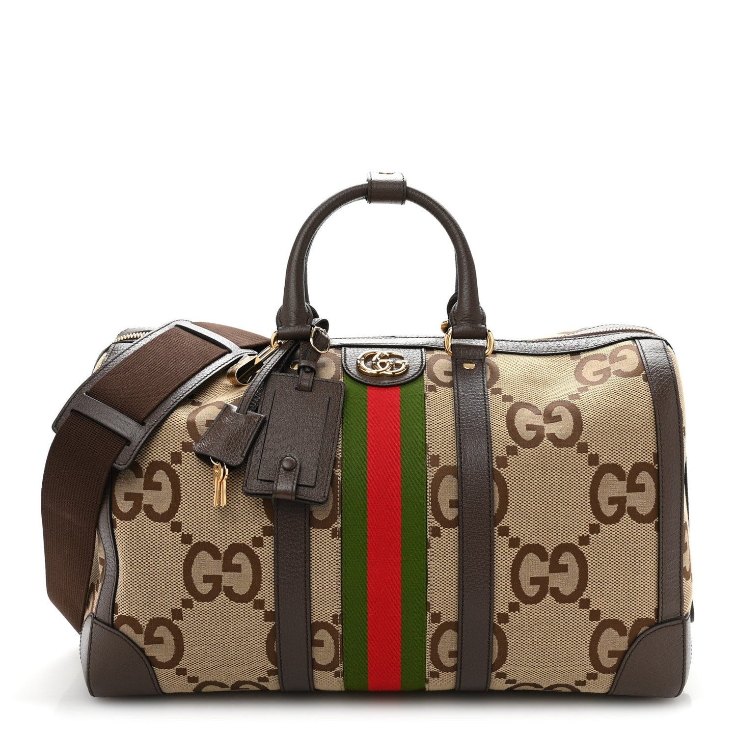 Monogram Jumbo GG Textured Dollar Calfskin Web Medium Duffle Bag Camel Ebony
