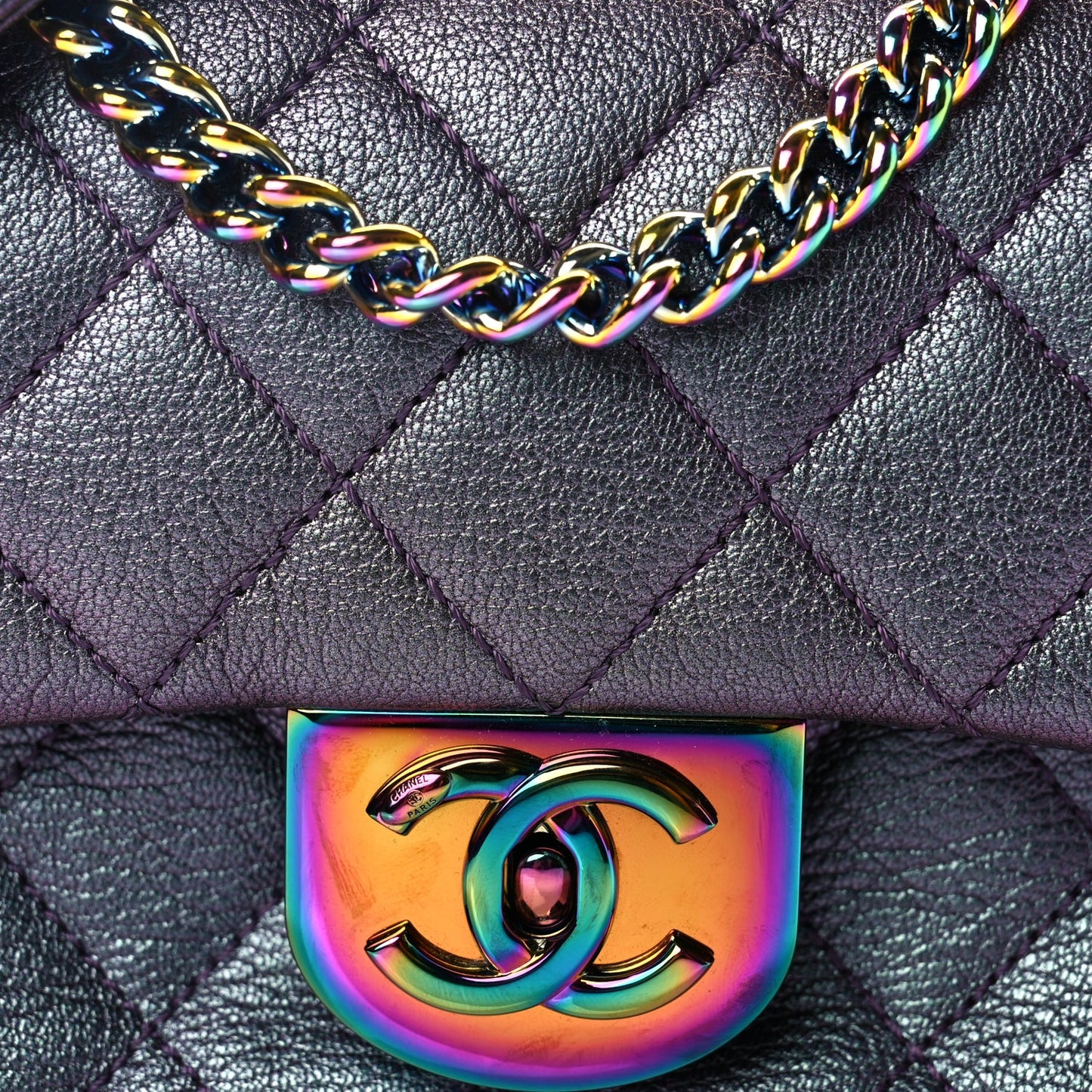 Iridescent Goatskin Quilted Small Double Carry Waist Chain Flap Purple