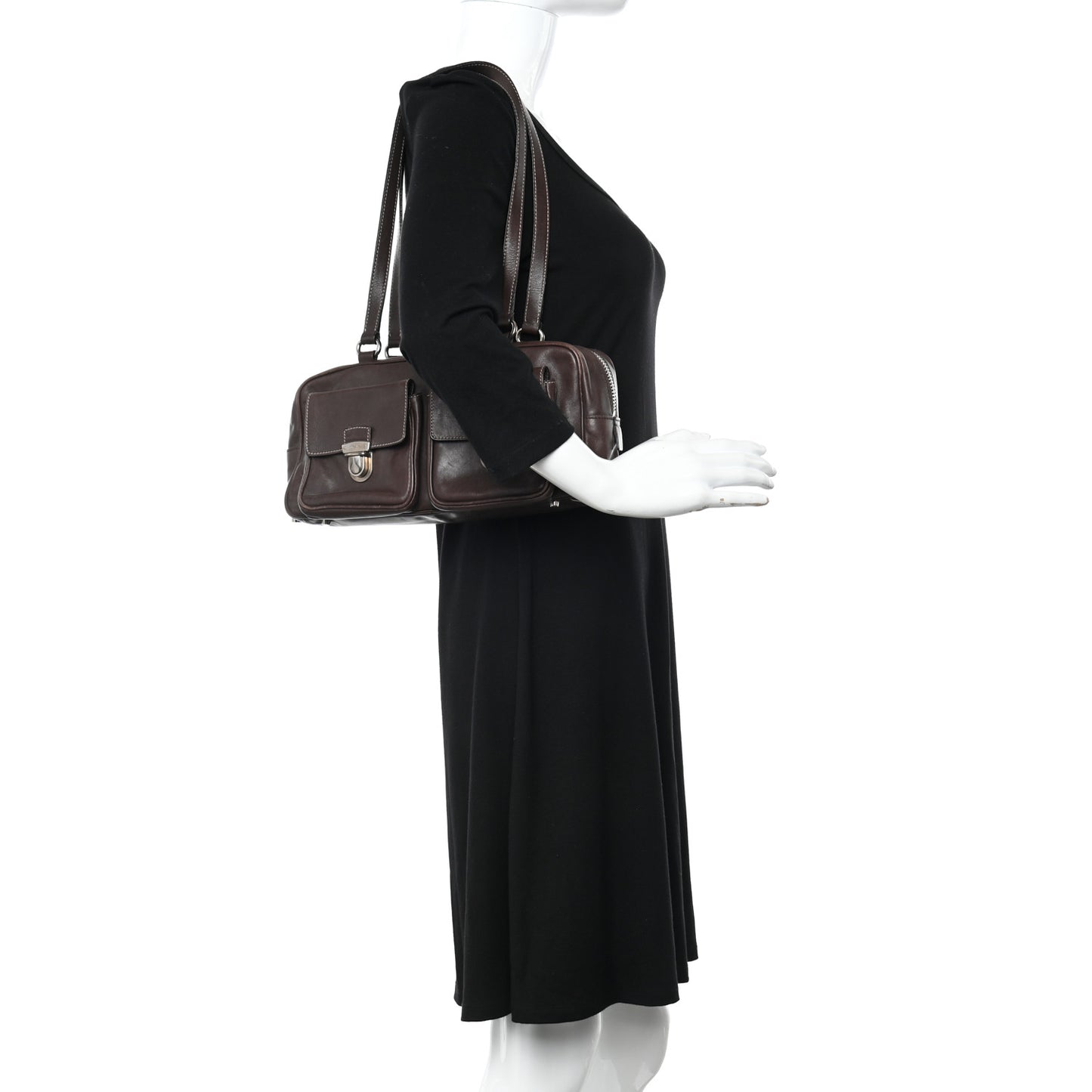 Soft Calf Push Lock Pocket Shoulder Bag Brown