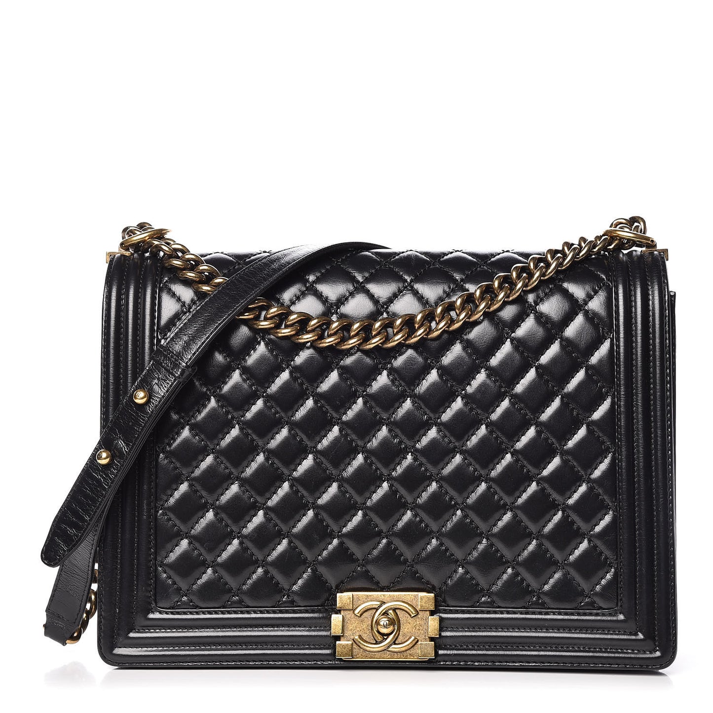 Glazed Calfskin Quilted Large Boy Flap Black
