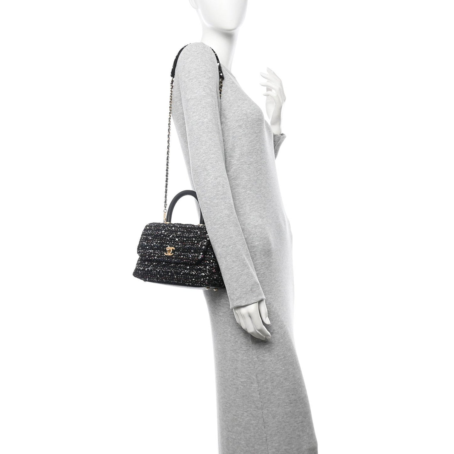 Tweed Sequin Mini Coco Handle Flap Black