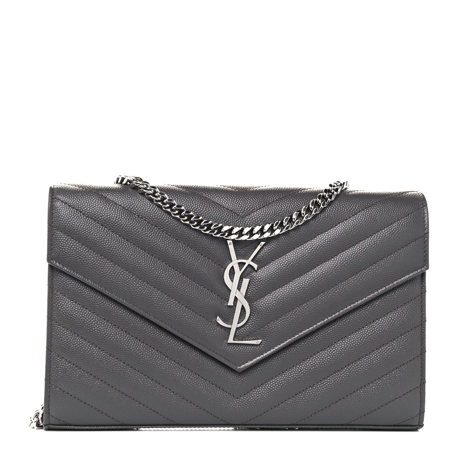 Saint Laurent Grain De Poudre Matelasse Chevron Monogram Chain Wallet Coal 1 of 10