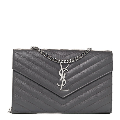 Saint Laurent Grain De Poudre Matelasse Chevron Monogram Chain Wallet Coal 1 of 10