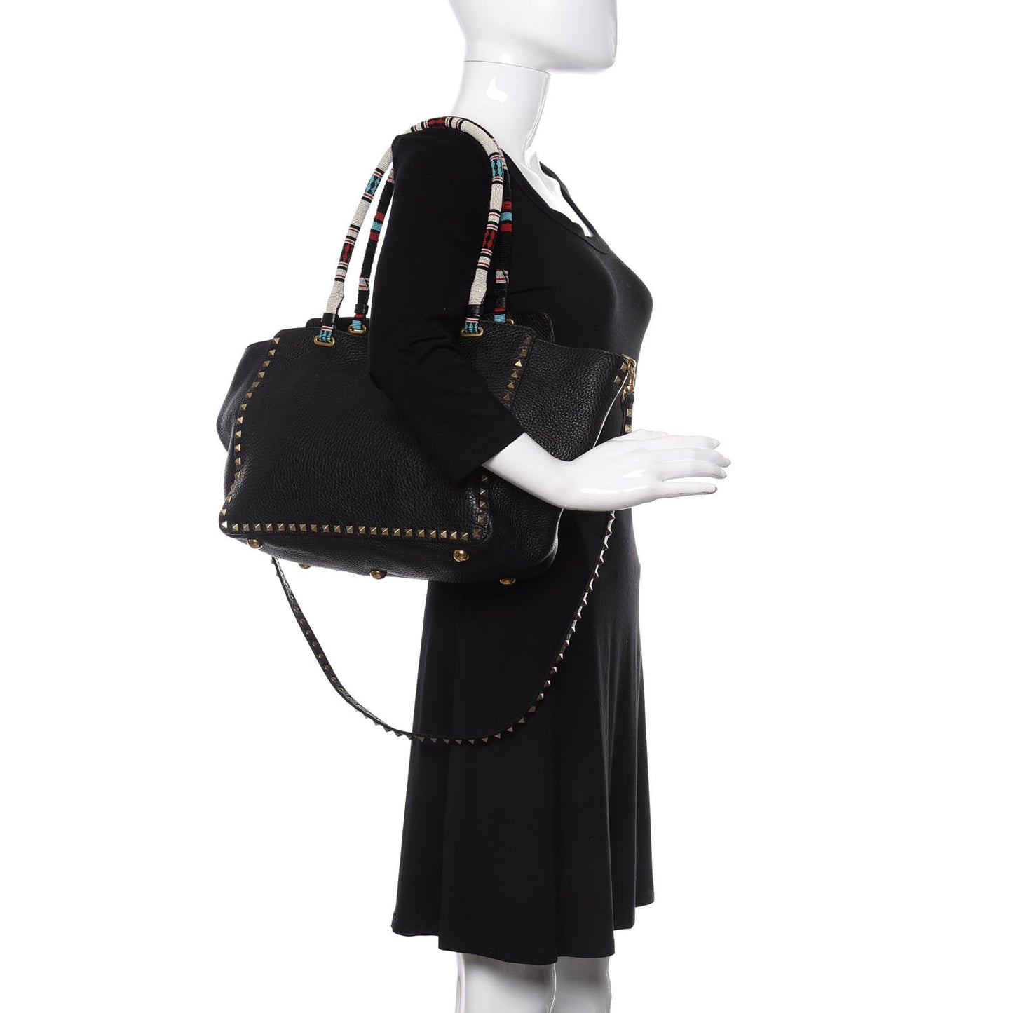 Pebbled Calfskin Beaded Medium Rockstud Tote Black