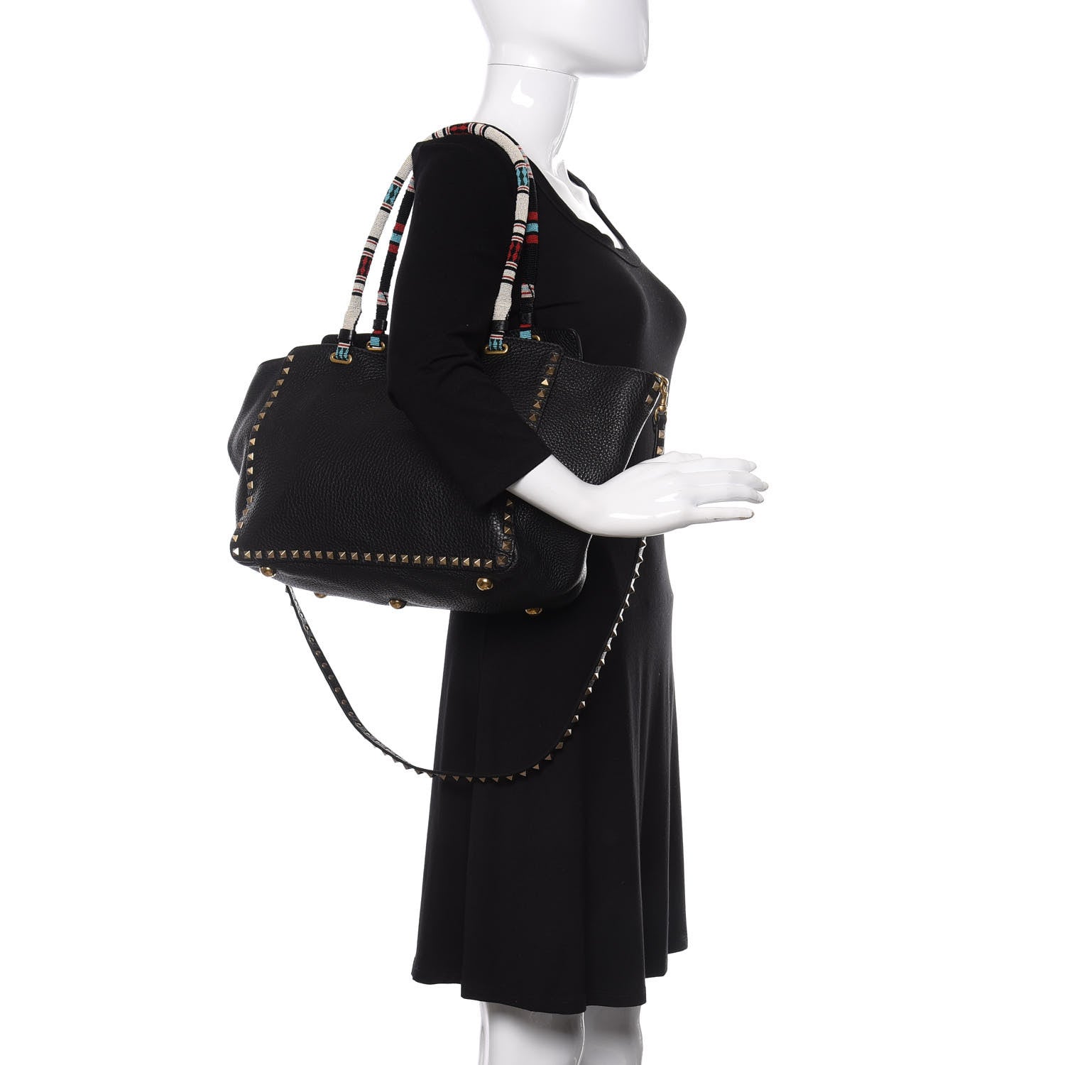 Valentino Garavani Pebbled Calfskin Beaded Medium Rockstud Tote Black 2 of 9