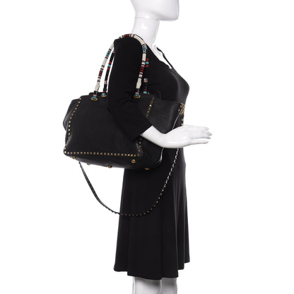 Valentino Garavani Pebbled Calfskin Beaded Medium Rockstud Tote Black 2 of 9