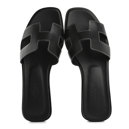 Hermes Box Calfskin Oran Sandals 36.5 Black 2 of 7