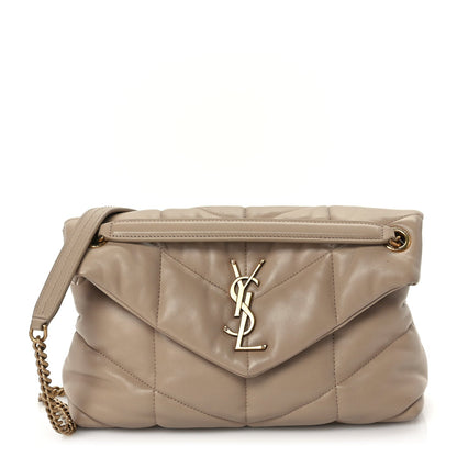 Saint Laurent Lambskin Quilted Small Loulou Puffer Monogram Chain Satchel Dark Beige 1 of 8