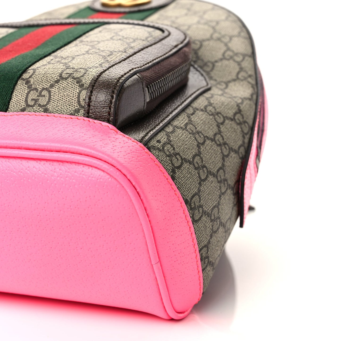 GG Supreme Monogram Textured Dollar Calfskin Web Small Ophidia Day Backpack Beige Ebony Fluorescent Fuchsia