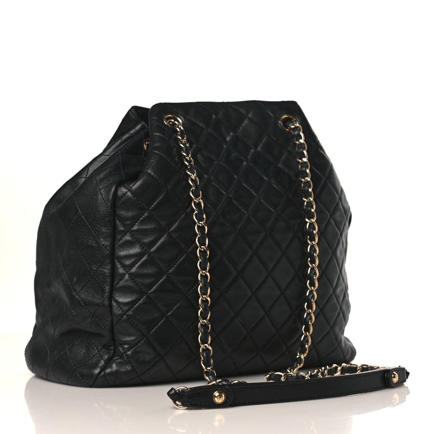 Lambskin Quilted Large Drawstring Bag Black