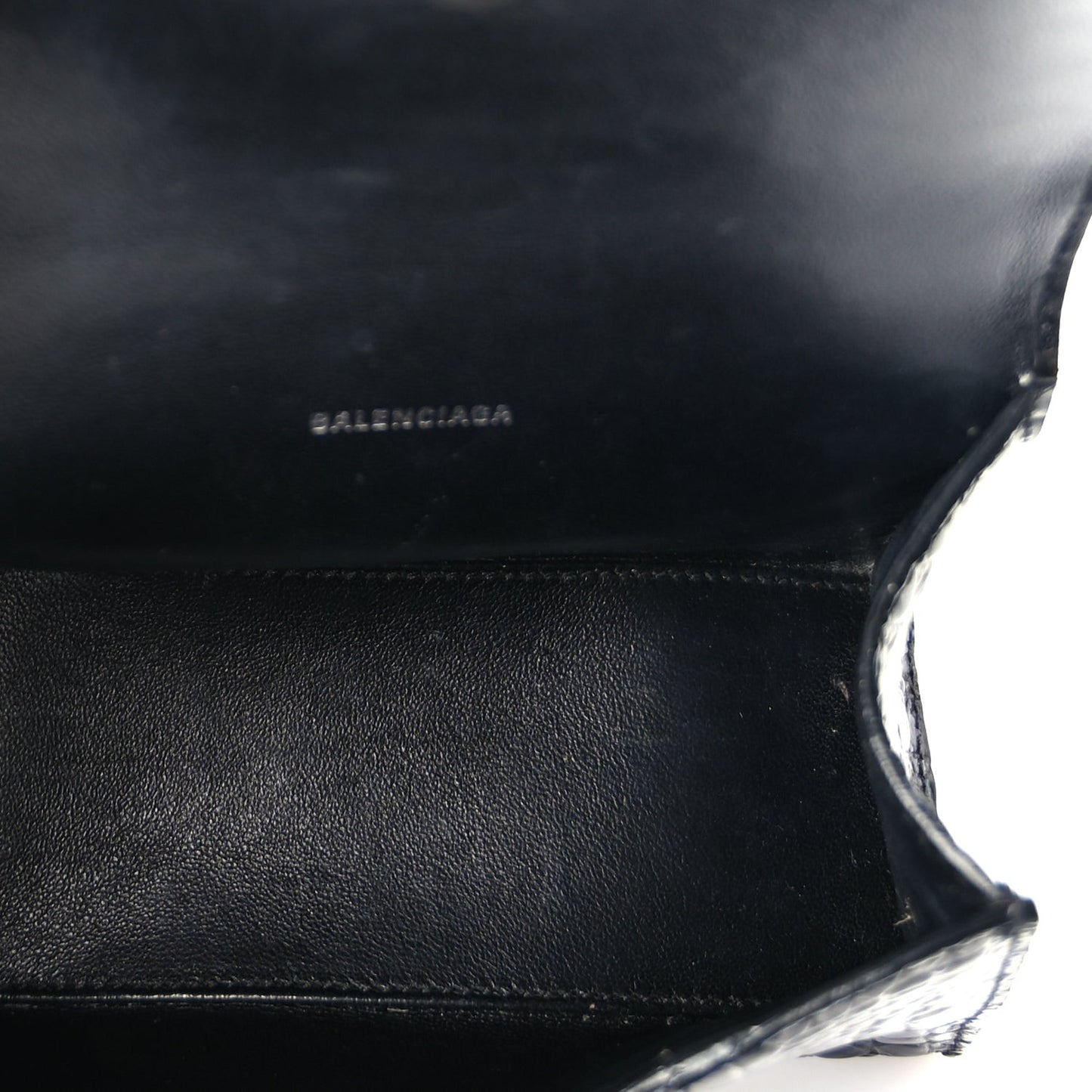 Shiny Calfskin Monochrome Crocodile Embossed Hourglass Top Handle Bag XS Black