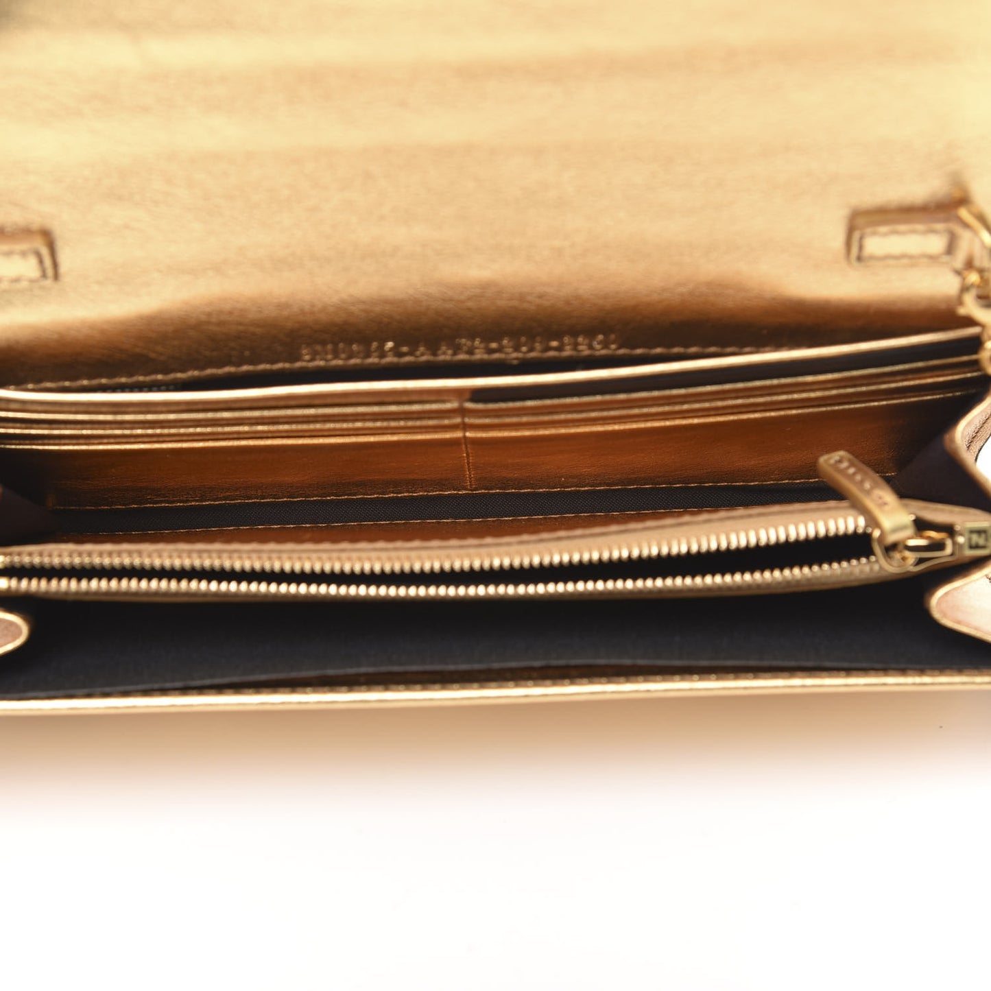 Vitello Catalan Mirror FF 1974 Embossed Continental Wallet on Chain Gold