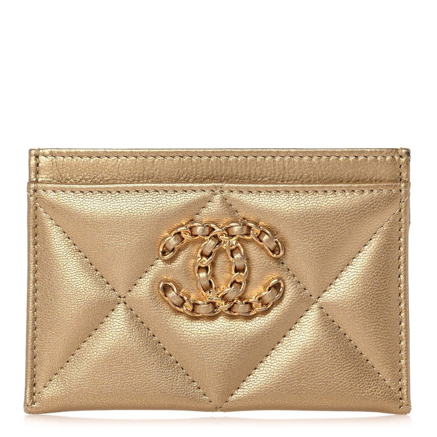Chanel Metallic Lambskin Quilted Chanel 19 Card Holder Gold 1 of 10