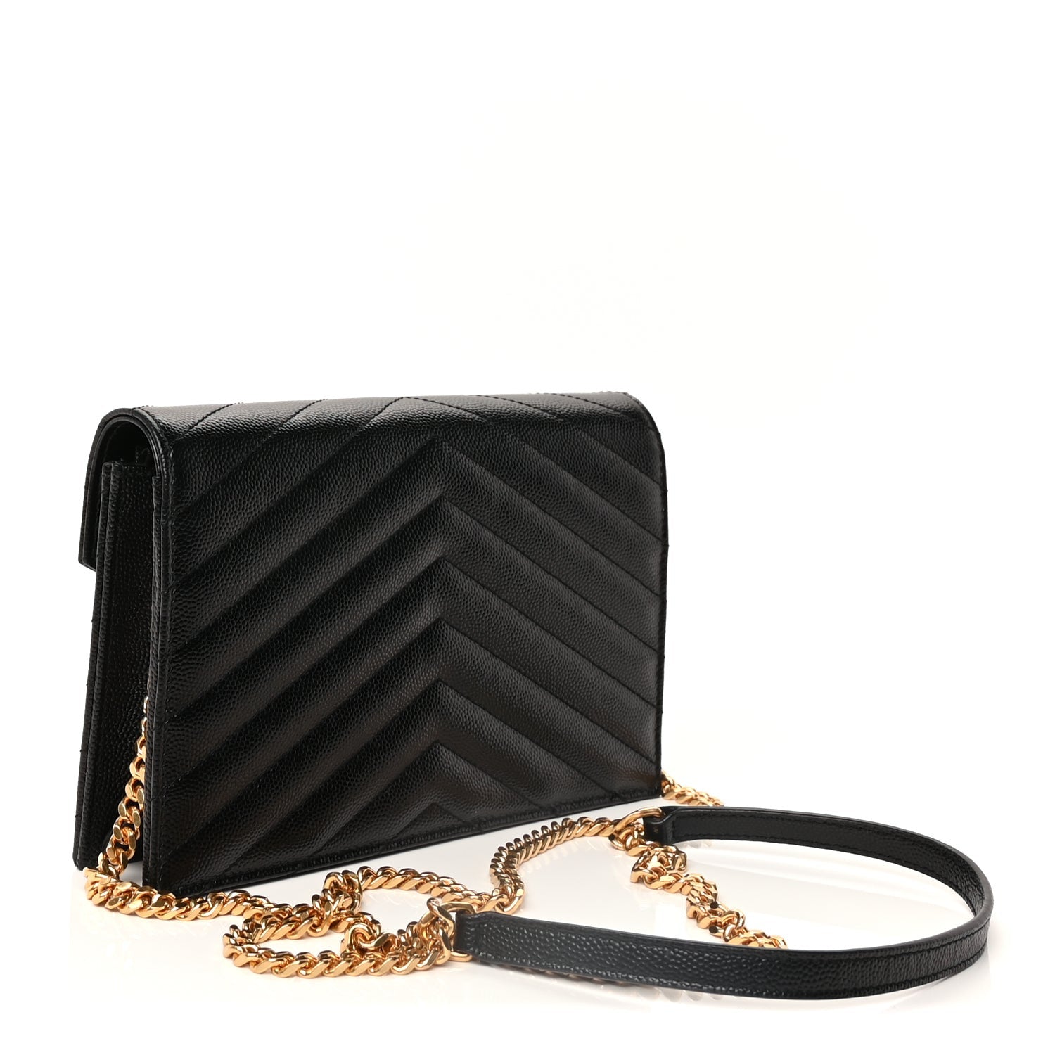 Saint Laurent Grain De Poudre Matelasse Chevron Monogram Envelope Chain Wallet Black 3 of 9