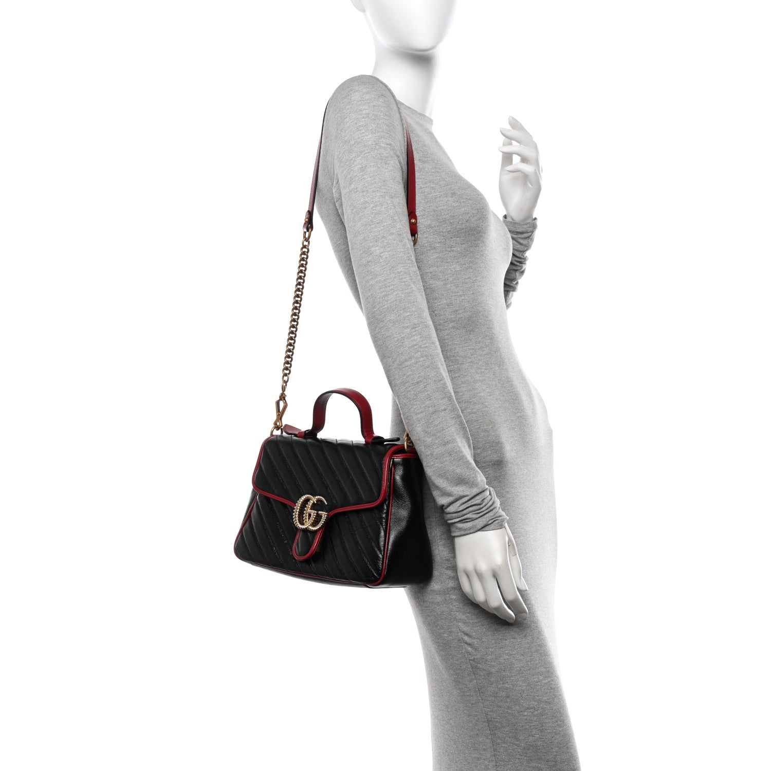Gucci Vintage Effect Calfskin Matelasse Diagonal Small Torchon GG Marmont Top Handle Shoulder Bag Black Romantic Cherry 2 of 14