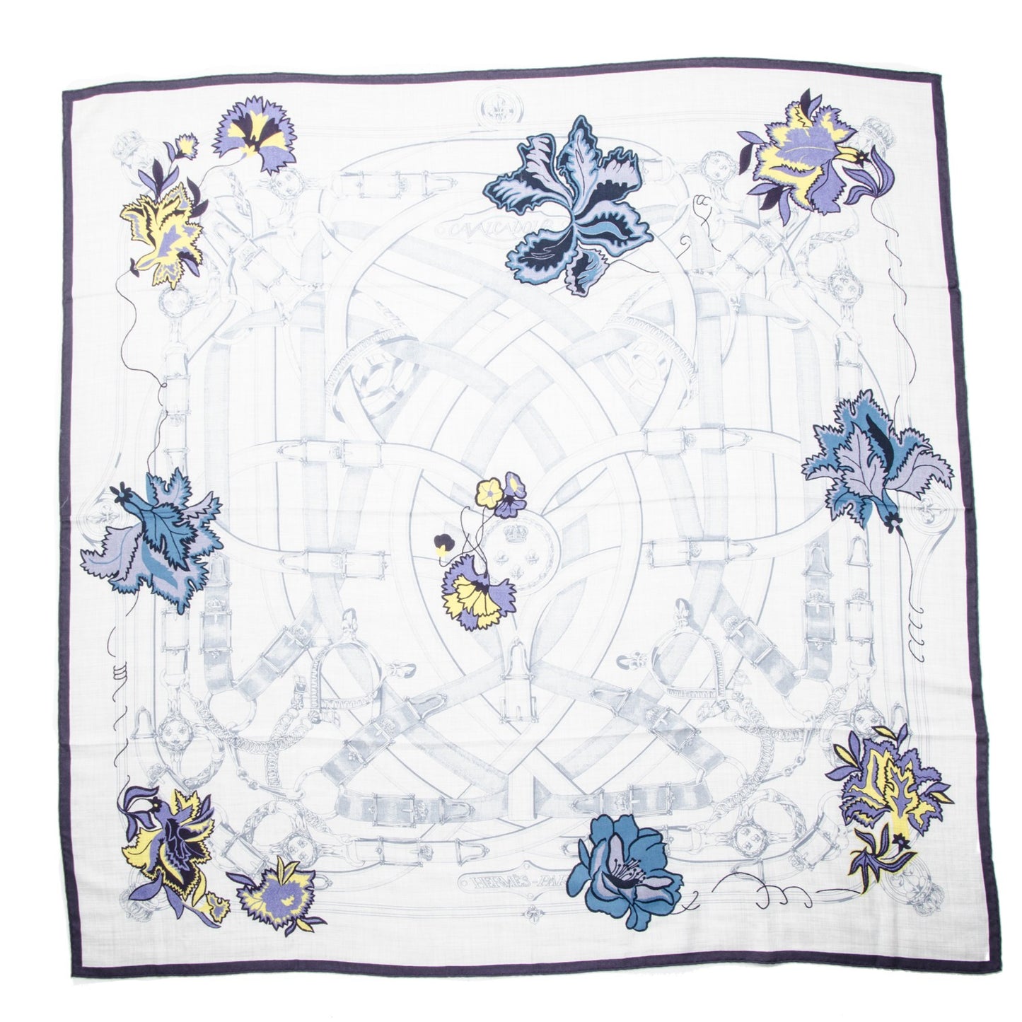 Cashmere Silk Cavalcadour Shawl 140 Gris Chine Jaune Marine