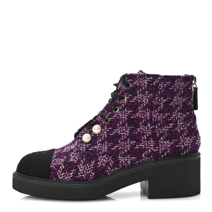 Chanel Tweed Pearl Combat Short Boots 38 Purple Black 1 of 7
