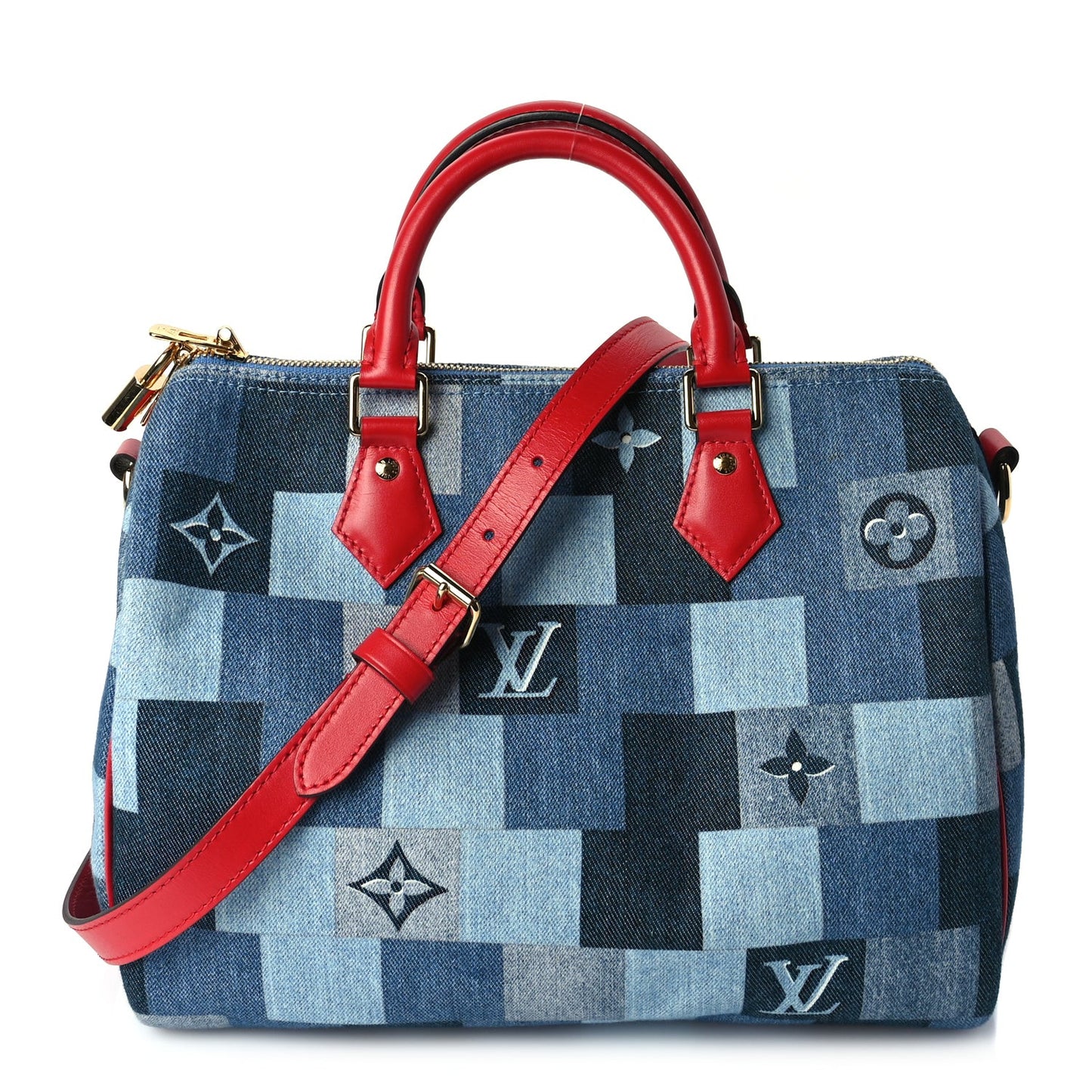 Denim Damier Monogram Patchwork Speedy Bandouliere 30 Blue Rouge