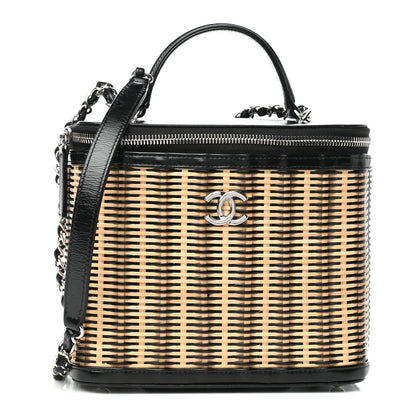 Chanel Glazed Calfskin Raffia Vanity Case Bag Black Beige 1 of 9