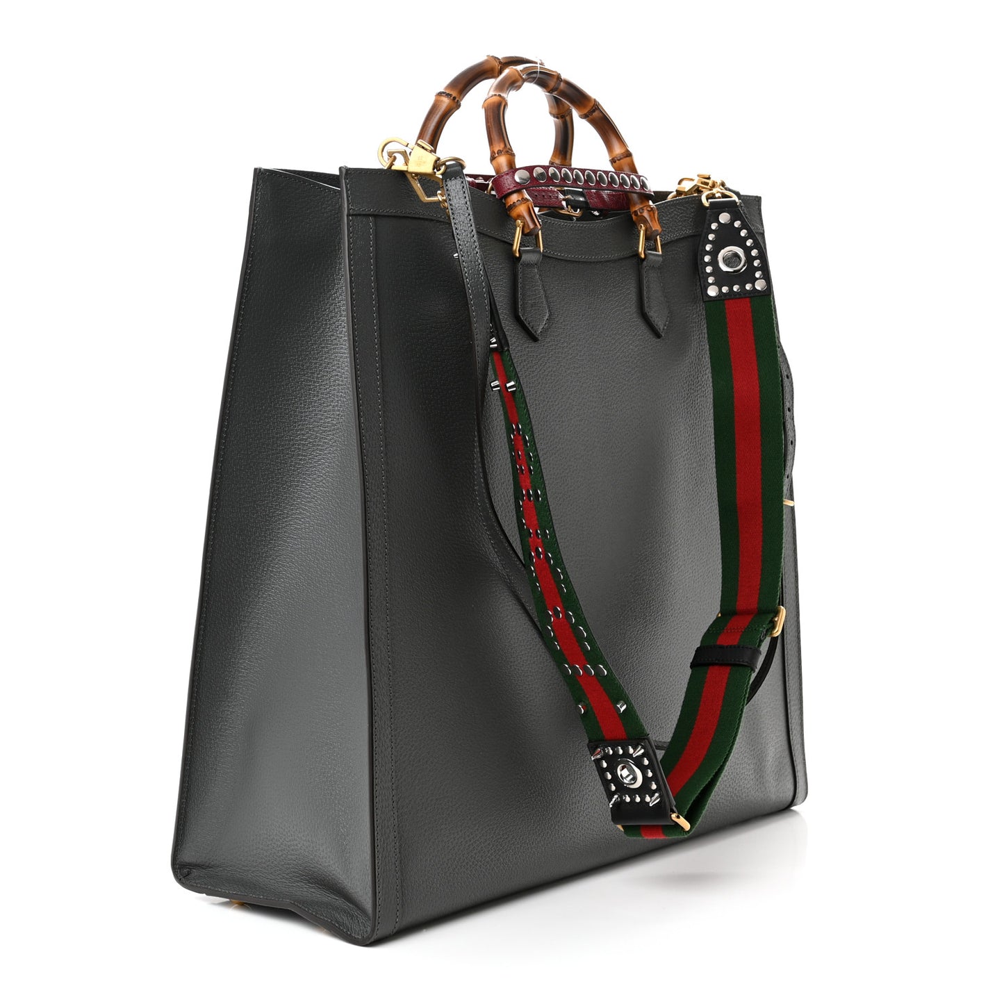 Textured Dollar Calfskin Web Studded Maxi Diana Tote Bag Graphite Grey