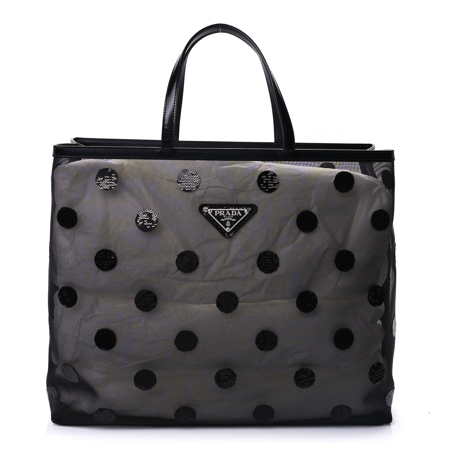 Mesh Sequin Spazzolato Polka Dot Triangle Logo Tote Black