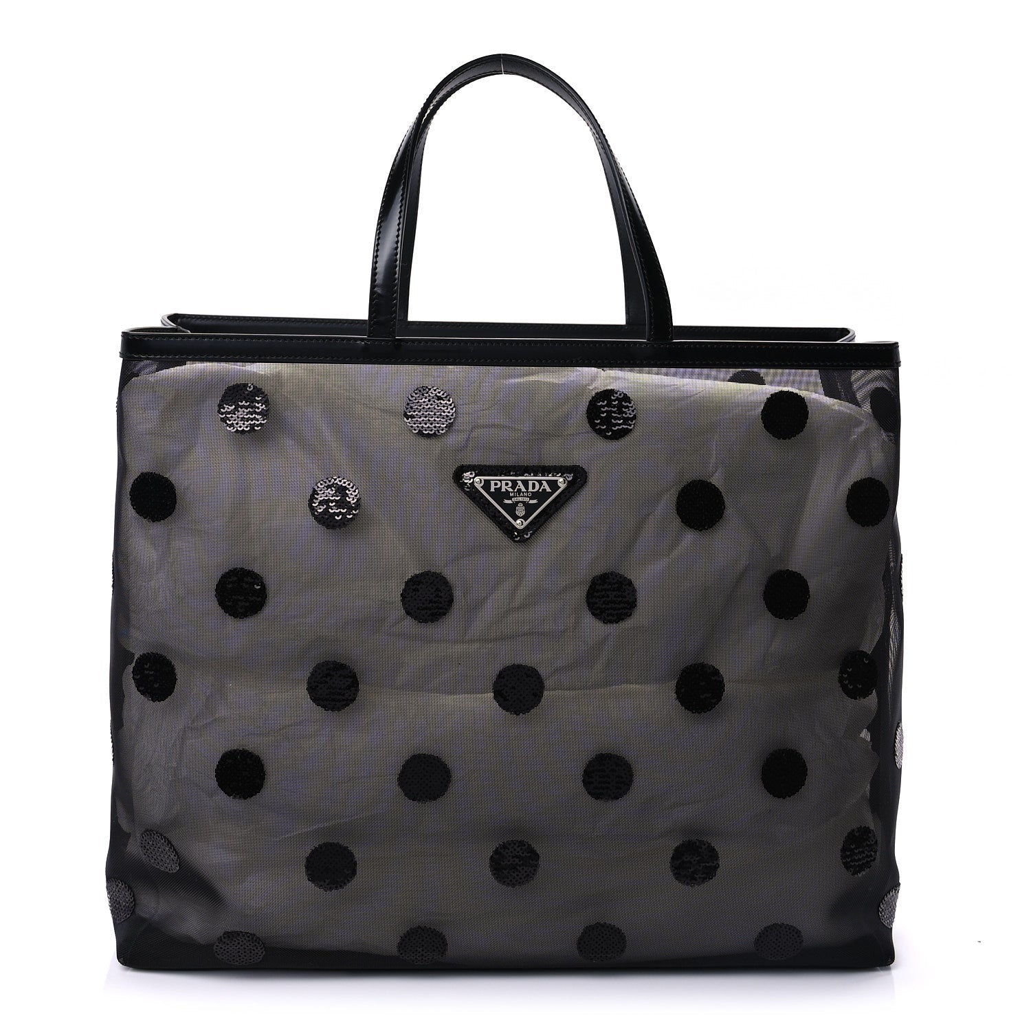 Prada Mesh Sequin Spazzolato Polka Dot Triangle Logo Tote Black 2 of 8
