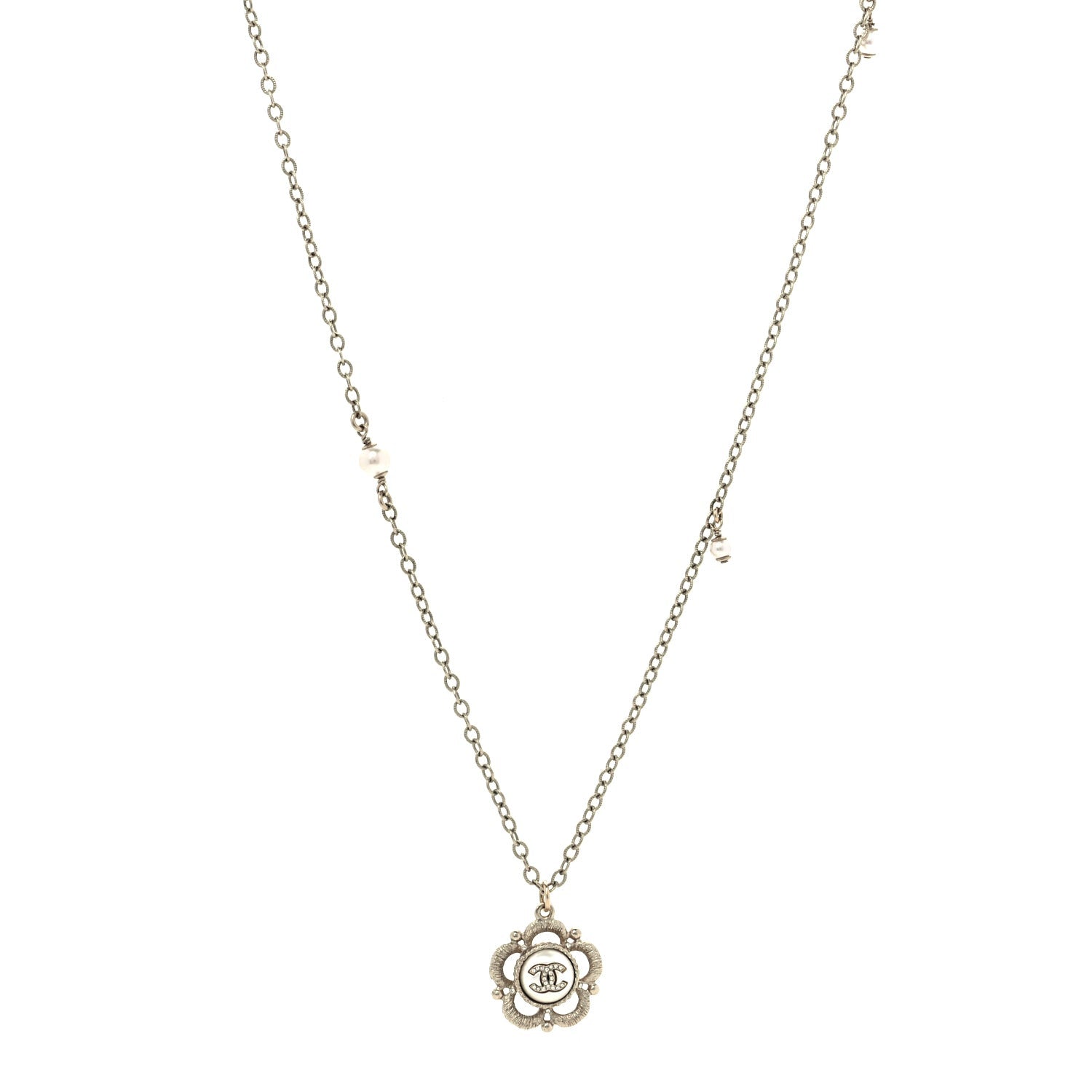Chanel Crystal Pearl Camellia Necklace Gold 3 of 4