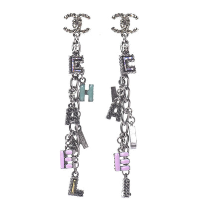 Chanel Crystal Enamel Logo Chain Drop Earrings Silver 1 of 6