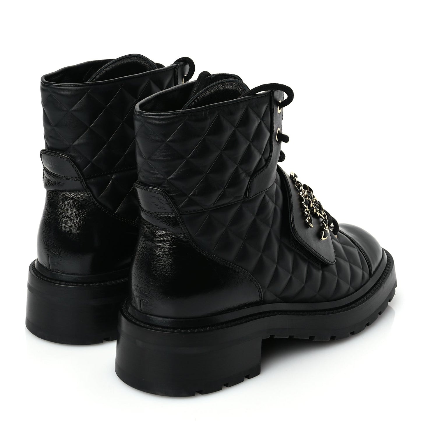 Shiny Calfskin Quilted Lace Up Combat Boots 39 Black