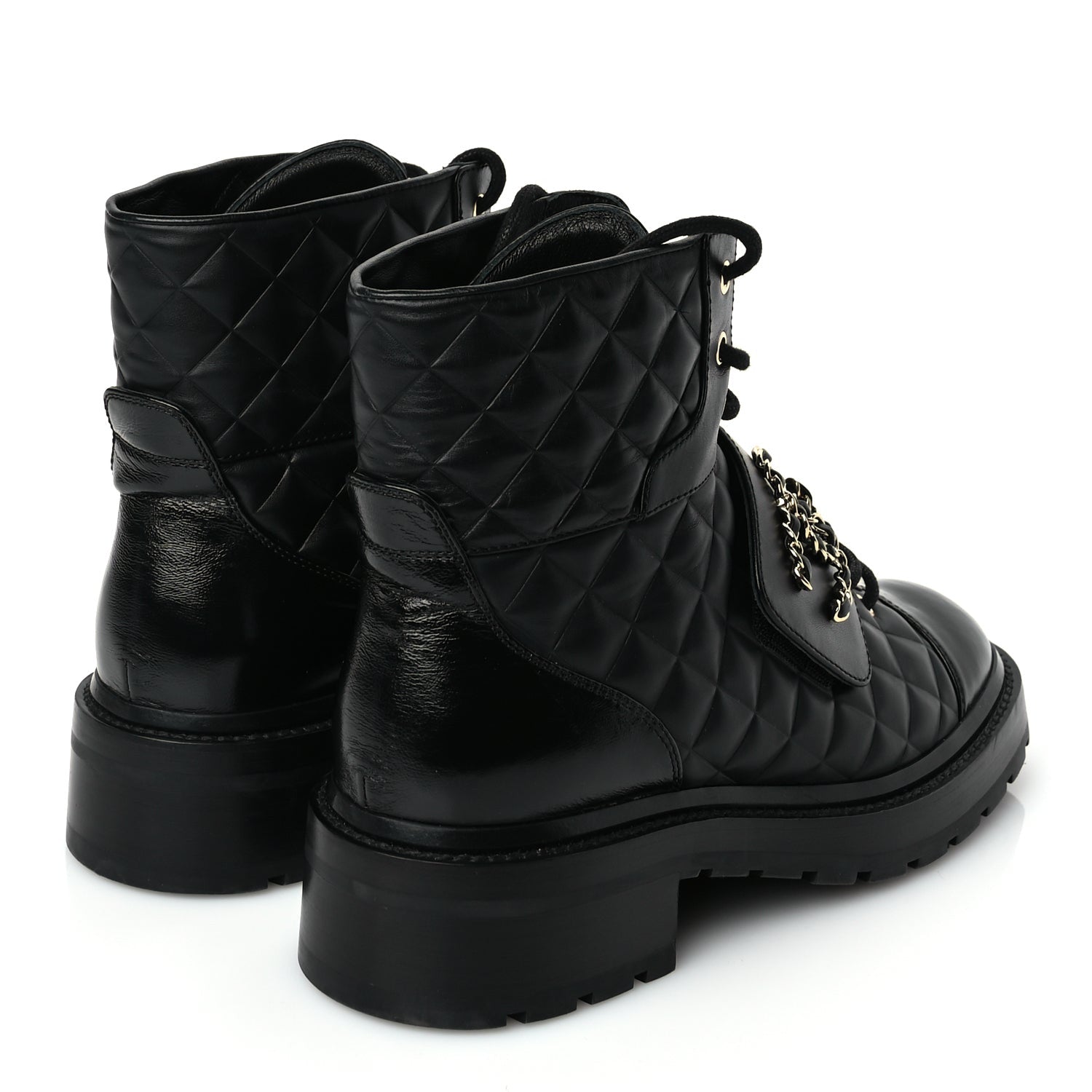 Chanel Shiny Calfskin Quilted Lace Up Combat Boots 39 Black 4 of 8